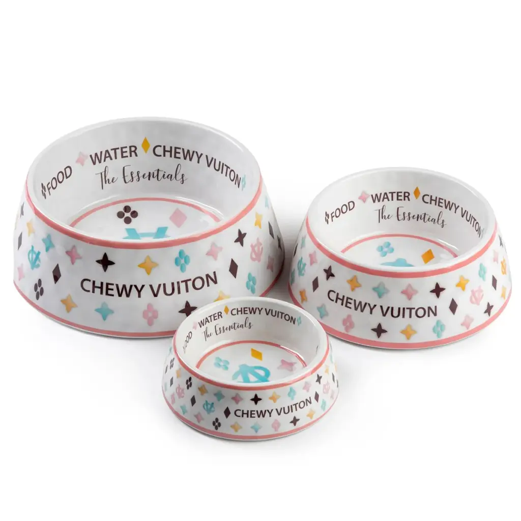 Chewy Vuiton White Dog Bowls